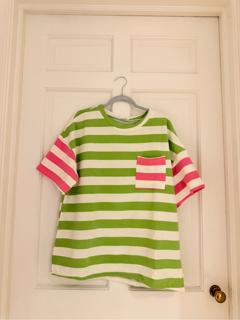 First Love Green, White & Pink Striped Short Sleeve Pocket Tee